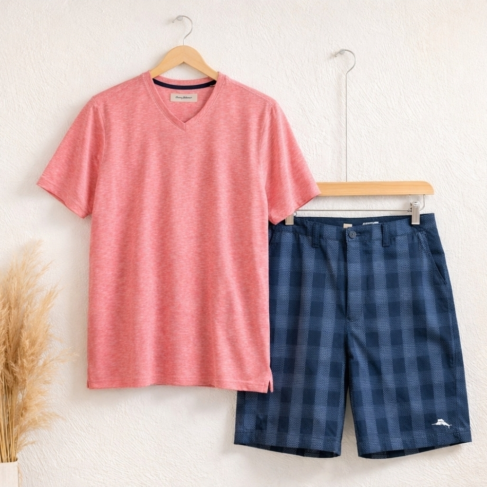 Tommy Bahama Outfit XL Shirt 38 Shorts Pink Blue Casual Summer Set